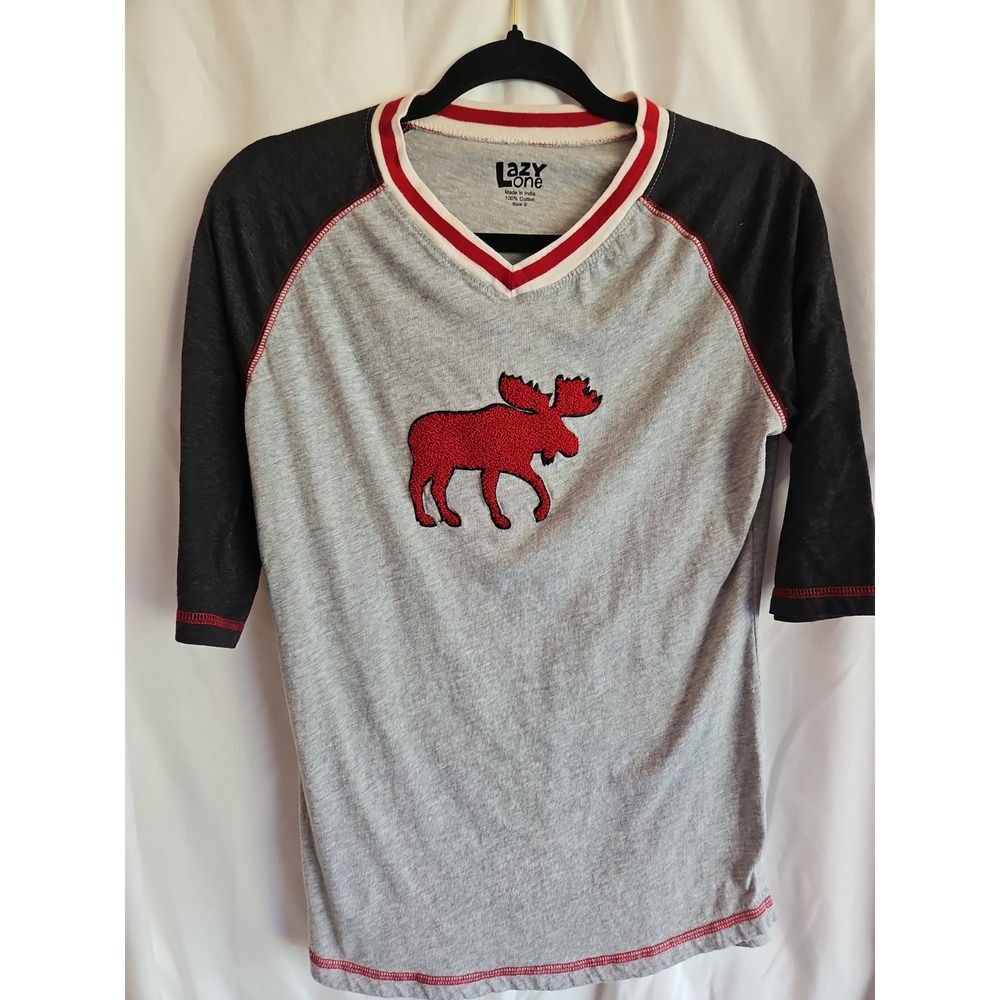 Lazy One Women's Small Moose Pajama Lounge Top 3/4 Sleeve Gray Red Cotton